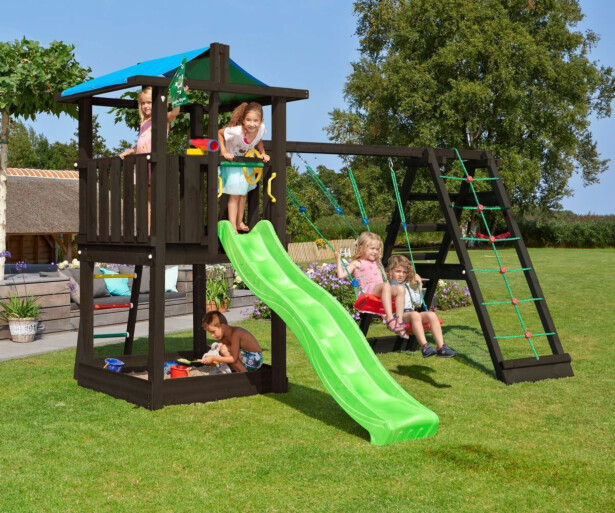 Leikkitornikokonaisuus Jungle Gym Hut 2.1, mustaksi petsattu, 2-Climb Module 220, vihreä liukumäki