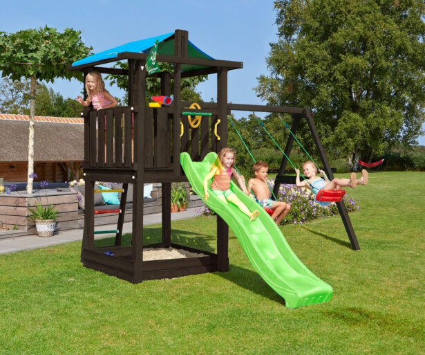 Leikkitornikokonaisuus Jungle Gym Hut 2.1, mustaksi petsattu, 2-Swing Module 220, ilman liukumäkeä