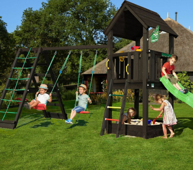 Leikkitornikokonaisuus Jungle Gym Club 2.1, mustaksi petsattu, 2-Climb Module 220, vihreä liukumäki