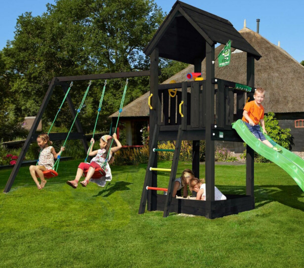 Leikkitornikokonaisuus Jungle Gym Club 2.1, mustaksi petsattu, 2-Swing Module 220, vihreä liukumäki
