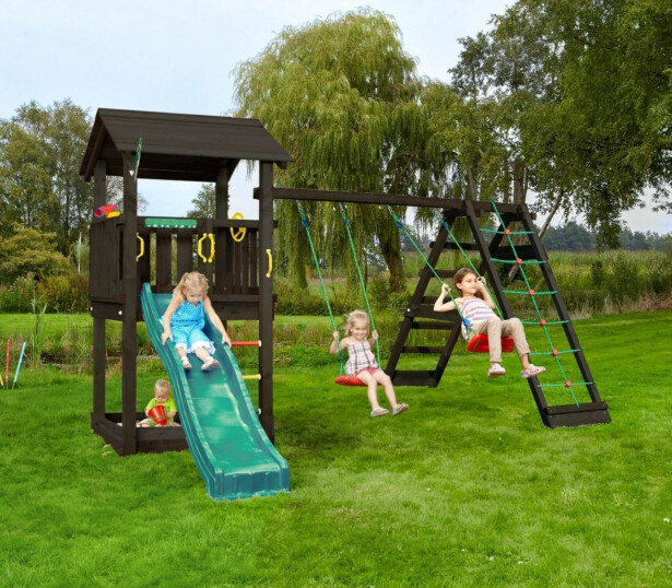 Leikkitornikokonaisuus Jungle Gym Casa 2.1, mustaksi petsattu, 2-Climb Module 220, tummanvihreä liukumäki