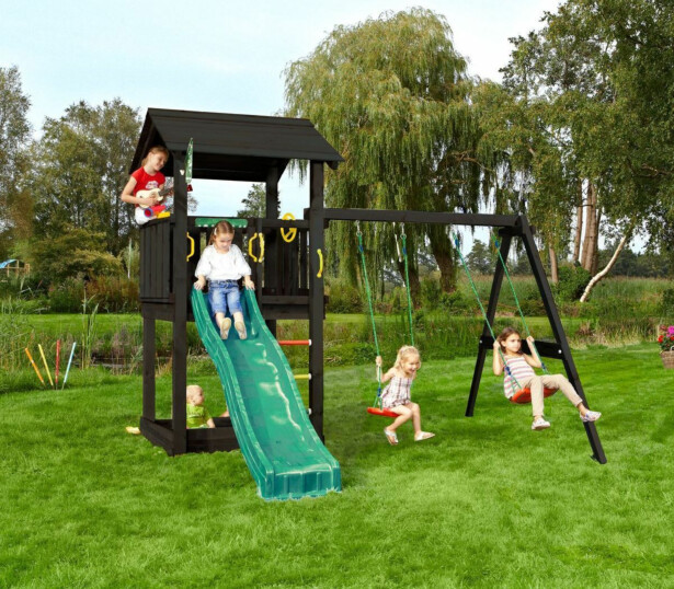 Leikkitornikokonaisuus Jungle Gym Casa 2.1, mustaksi petsattu, 2-Swing Module 220, tummanvihreä liukumäki