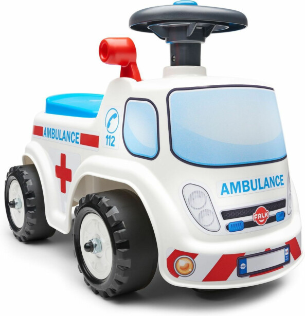 Potkuauto Falk Ambulanssi ride-on, säilytystila, ratti ja äänitorvi