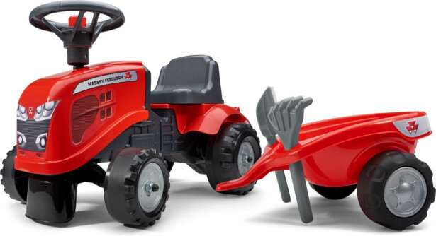 Potkuauto Falk Ride-on traktori Baby Massey Ferguson, peräkärryllä, haravalla ja lapiolla