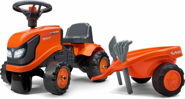 Potkuauto Falk Ride-on traktori Baby Kubota, peräkärryllä, haravalla ja lapiolla