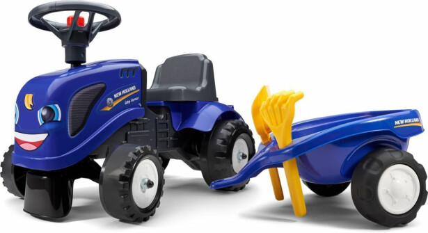 Potkuauto Falk Ride-on traktori Baby New Holland, peräkärryllä, haravalla ja lapiolla