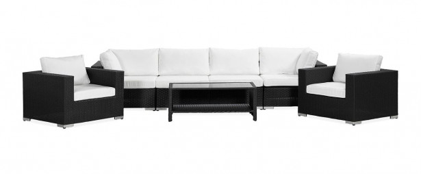 Oleskeluryhmä Bahamas, 4-istuttava sohva + 2 nojatuolia + sohvapöytä hyllyllä, musta/valkoinen