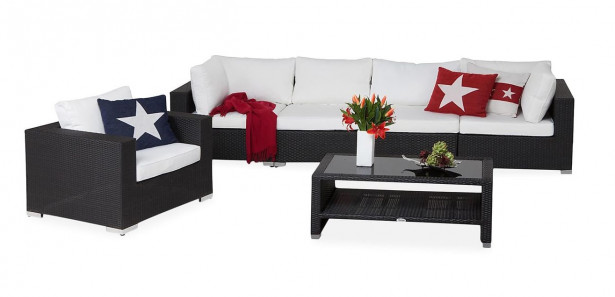 Oleskeluryhmä Bahamas, 4-istuttava sohva +  nojatuoli + sohvapöytä hyllyllä, musta/valkoinen