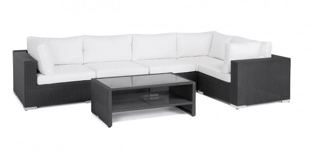 Oleskeluryhmä Tuulikki, 5 hengen kulmasohva + sohvapöytä hyllyllä, musta, polyrottinki