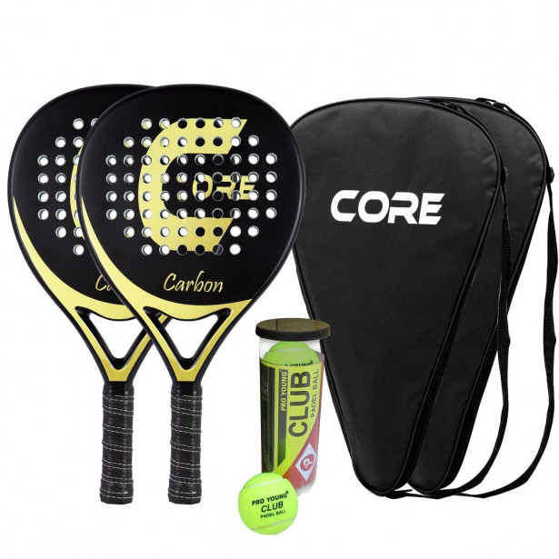 Padelsetti Core Carbon, sis. 2 padelmailaa ja pallot, hiilikuitu