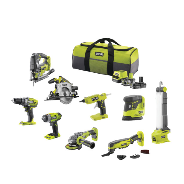 Akkukonesetti Ryobi ONE+ R18CK9-252S, 18V, 9 konetta, 5.0+2.0Ah akuilla