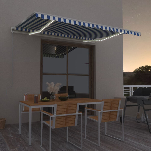Sisäänkelattava markiisi 2 LED/tuulisensori 400x350cm sininen/valkoinen