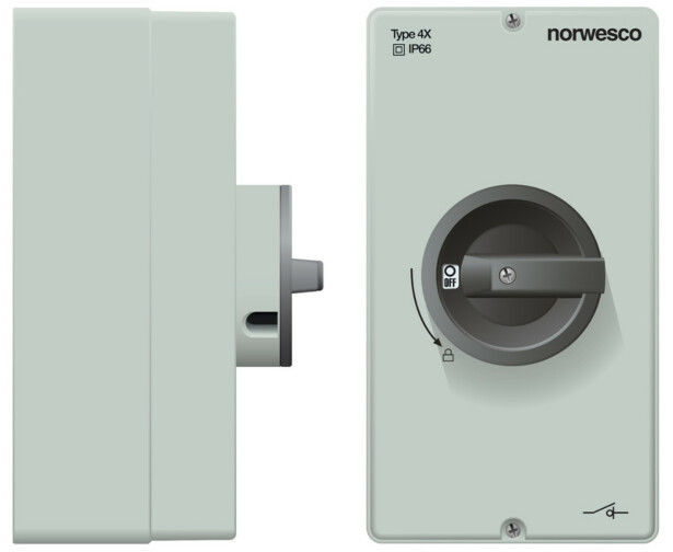 Turvakytkin Norwesco DCM425, DC-kytkin aurinkosähkölle, edestä väännettävä, 4x25A, 4xM20/M25 aihiota, 1500V, IP66, harmaa