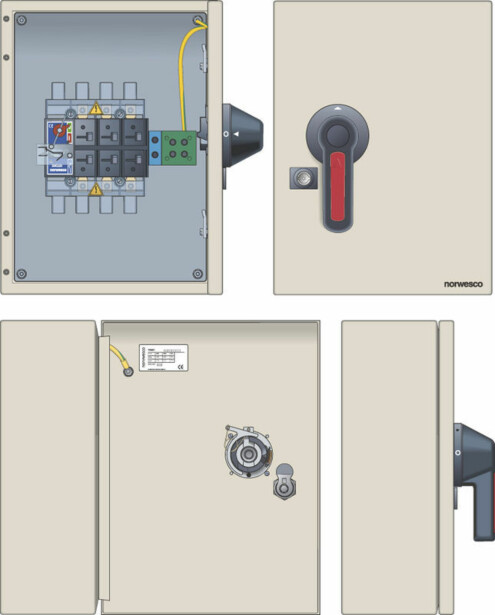 Turvakytkin Norwesco ESWM4 3125H, edestä väännettävä, 3x125A+apukosketin, 415V, 55kW, IP65, harmaa