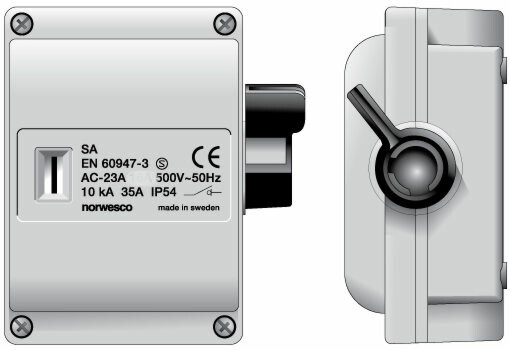 Turvakytkin Norwesco SA625H, sivusta väännettävä, 6x25A+apukosketin, 415V, 11kW, IP55, harmaa