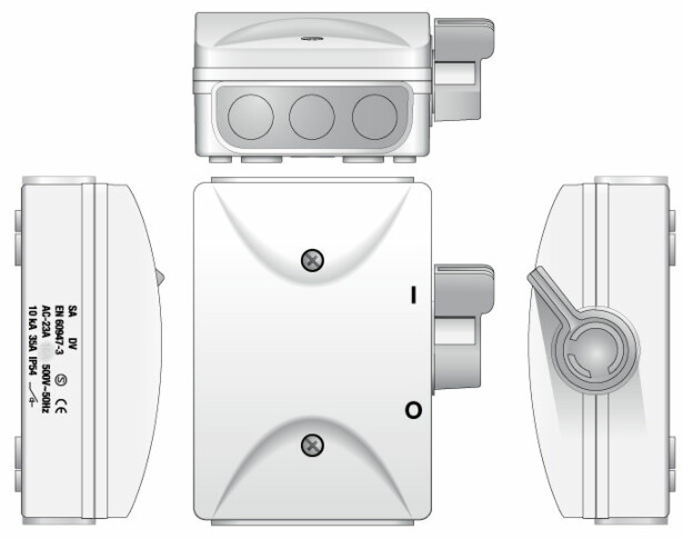 Turvakytkin Norwesco SA316DV, sivusta väännettävä, 3x16A, 500V, 7.5kW, IP54, valkoinen