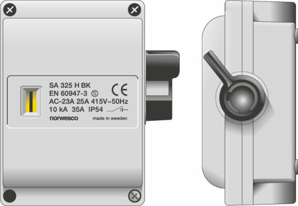 Turvakytkin Norwesco SA425, sivusta väännettävä, 4x25A, 500V, 11kW, IP54, harmaa