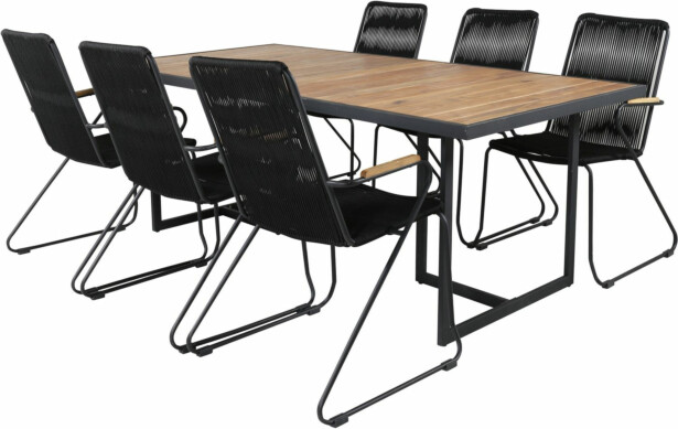 Ruokailuryhmä Venture Home, 200x100cm Khung-pöytä + 6 mustaa Bois-tuolia