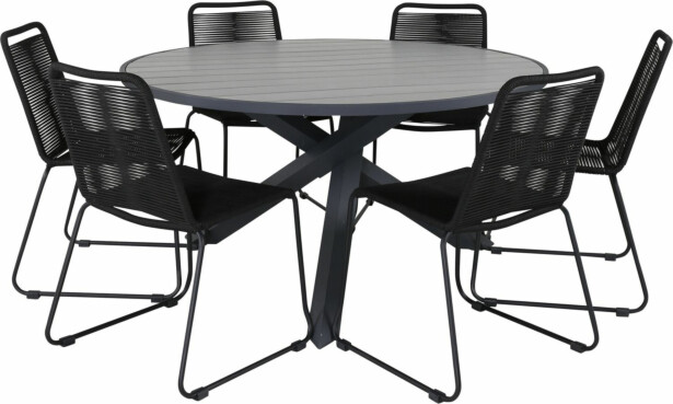 Ruokailuryhmä Venture Home, ø140cm Parma-pöytä + 6 mustaa Lindos-tuolia
