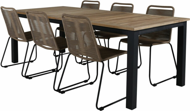 Ruokailuryhmä Venture Home, 220x100cm Panama-pöytä + 6 ruskeaa Lindos-tuolia
