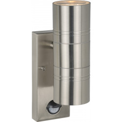 Ulkoseinävalaisin Lucide Arne-LED liiketunnistimella, Ø6,3 cm, 2x5W, IP44, satiinikromi
