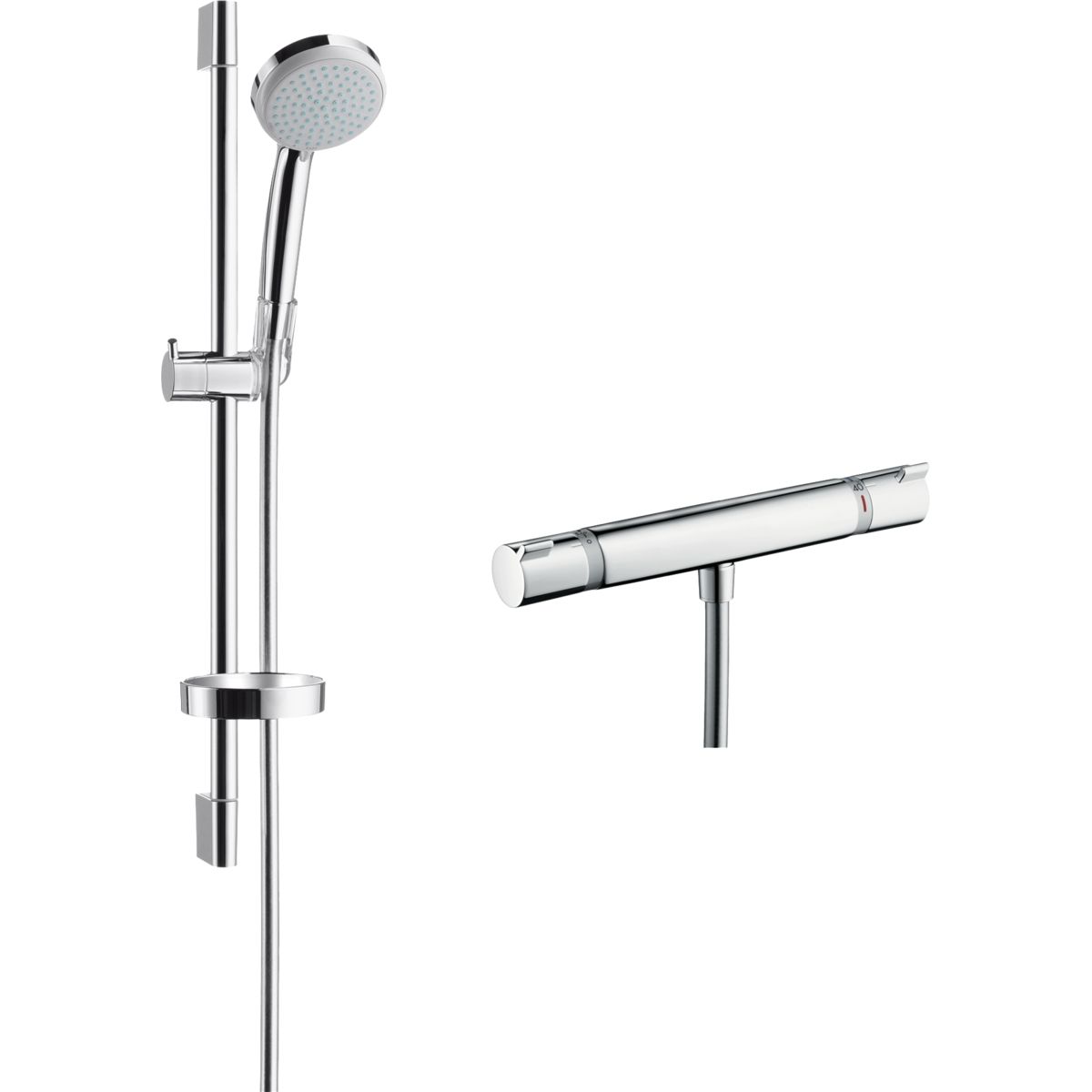Suihkusetti Hansgrohe Croma 100 Vario EcoSmart, termostaattihanalla, vettä säästävä, juoksuputkella, hierova suihku, kiiltävä kromi
