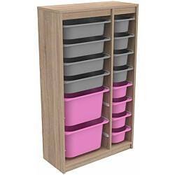 Lastenhuoneen laatikosto Linento Furniture Montana XS, 69x112.2cm, ruskea runko + harmaa-pinkit laatikot