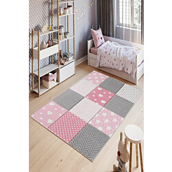 Lastenhuoneen matto Linento Ruutuset 100x200cm vaaleanpunainen/harmaa