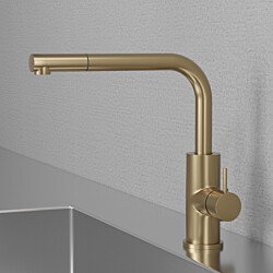Keittiöhana Scandtap Steel Accent 90 D Sand, APK-liitäntä ja ulosvedettävä juoksuputki, messinki