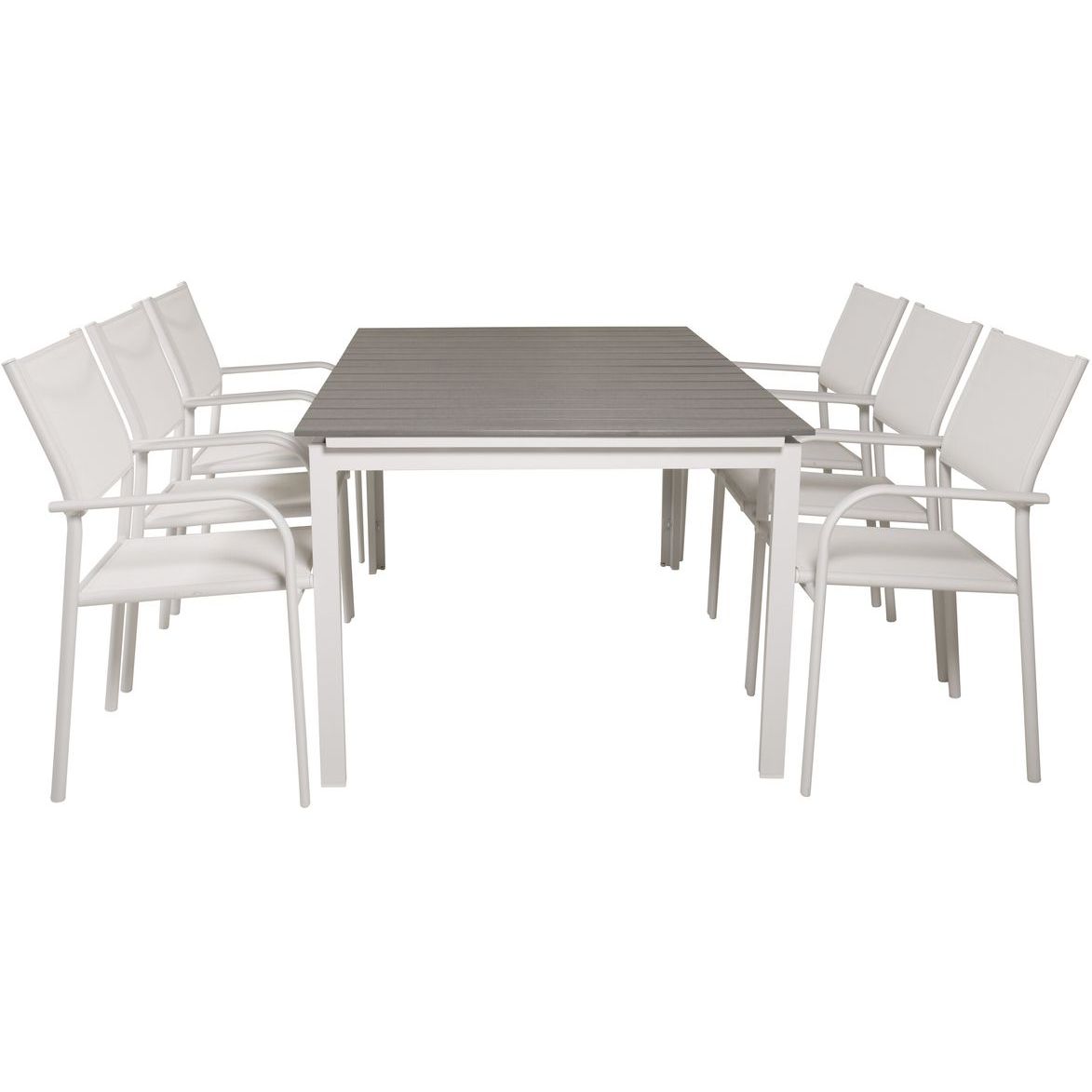 Ruokailuryhmä Venture Home, 160/240x100cm jatkettava harmaa/valkoinen Levels-pöytä + 6 valkoista, pinottavaa Santorini-tuolia