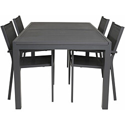 Ruokailuryhmä Venture Home, 160/240x100cm jatkettava musta Marbella-pöytä + 4 mustaa, pinottavaa Copacabana-tuolia