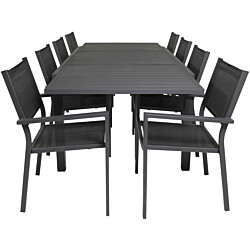 Ruokailuryhmä Venture Home, 160/240x100cm jatkettava musta Marbella-pöytä + 8 mustaa, pinottavaa Copacabana-tuolia