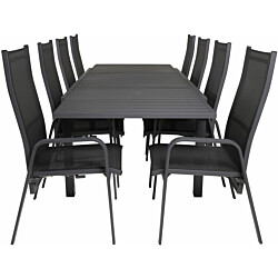 Ruokailuryhmä Venture Home, 160/240x100cm jatkettava musta Marbella-pöytä + 8 mustaa, pinottavaa Copacabana-säätötuolia
