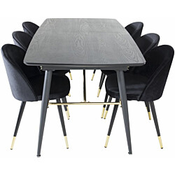 Ruokailuryhmä Venture Home, jatkettava musta Gold-pöytä + 6 musta/messinki Velvet-tuolia