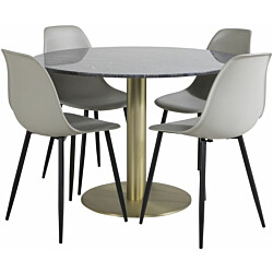 Ruokailuryhmä Venture Home, ⌀106cm musta/messinki Estelle-pöytä + 4 harmaata Polar Plastic -tuolia