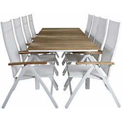 Ruokailuryhmä Venture Home 180/240x90cm jatkettava Mexico-pöytä + 8 valkoista Panama Light -säätötuolia