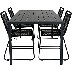 Ruokailuryhmä Venture Home, 150x90cm musta Break-pöytä + 4 mustaa, pinottavaa Lindos-tuolia