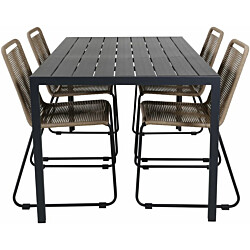 Ruokailuryhmä Venture Home, 150x90cm musta Break-pöytä + 4 ruskeaa, pinottavaa Lindos-tuolia