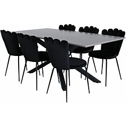 Ruokailuryhmä Venture Home, 180x90cm harmaa Piazza-pöytä + 6 mustaa Limhamn Light -tuolia, sametti