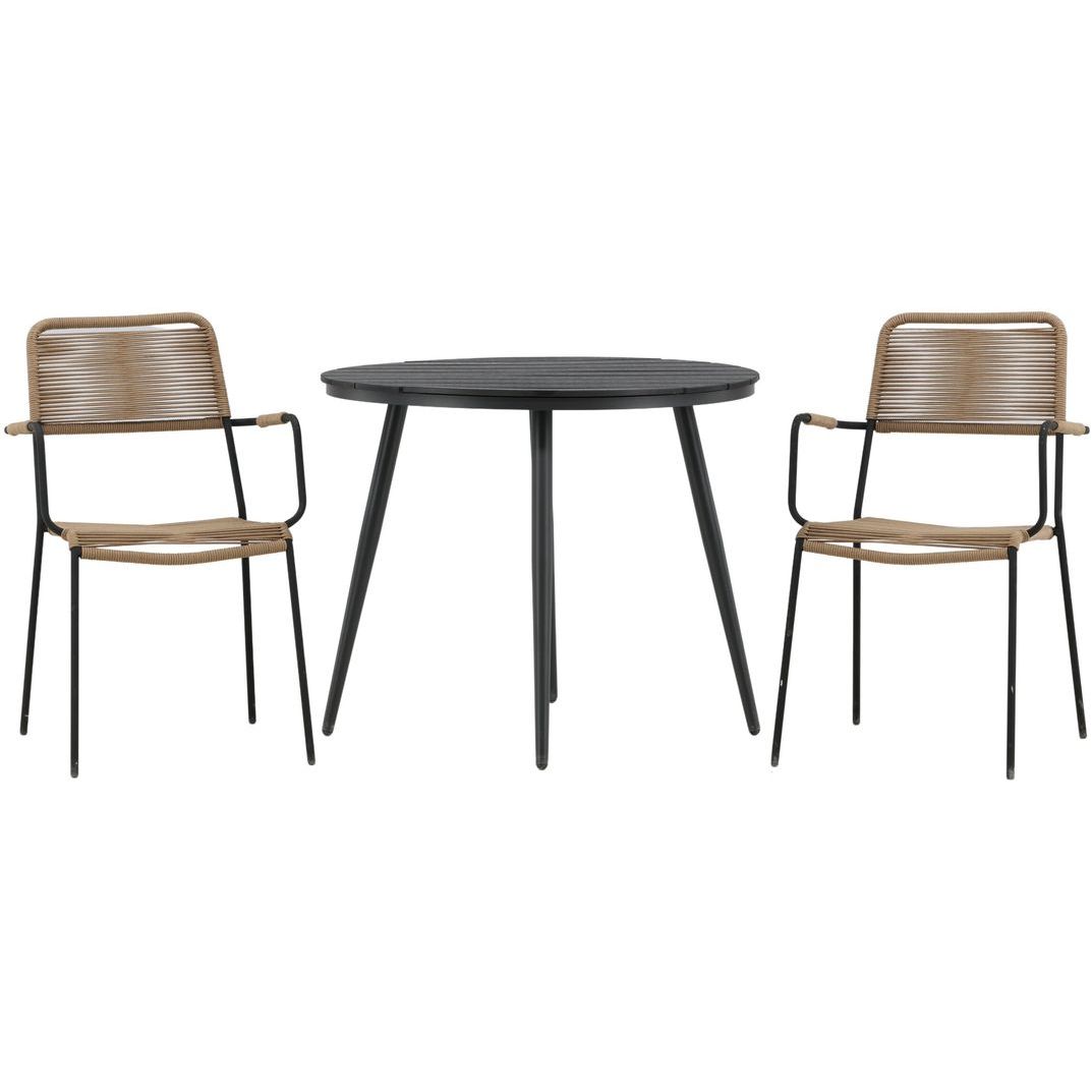 Parvekeryhmä Venture Home, ø90cm, musta Break-pöytä + 2 ruskeaa Lindos-tuolia, käsinojilla