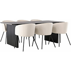 Ruokailuryhmä Venture Home, 200x100cm musta Vail-pöytä + 6 beigeä Berit-tuolia, sametti