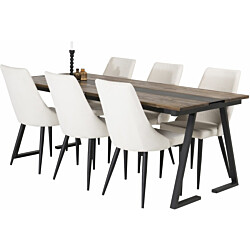Ruokailuryhmä Venture Home, 200x90cm Jakarta-pöytä + 6 beigeä Leone-tuolia, vakosametti