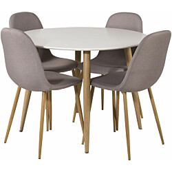 Ruokailuryhmä Venture Home, ⌀100cm valkoinen/vaaleanruskea Plaza-pöytä + 4 harmaata Polar-tuolia