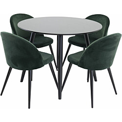 Ruokailuryhmä Venture Home, ⌀100cm musta Plaza-pöytä + 4 vihreää Velvet-tuolia