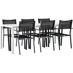 Ruokailuryhmä Venture Home, 205x90cm valkoinen Break-pöytä + 6 mustaa, pinottavaa Copacabana-tuolia