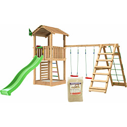 Leikkitorni Jungle Gym Cottage 2.1, 2-Climb Module 220, vihreä liukumäki ja 120 kg hiekkaa