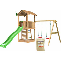 Leikkitorni Jungle Gym Cottage 2.1, 2-Swing Module 220, vihreä liukumäki ja 120 kg hiekkaa