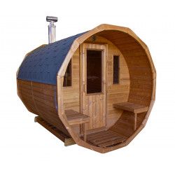 Tynnyrisauna SpaDealers vaakamalli Ø200x260cm lämpöpuu sis. puukiukaan ja savupiipun