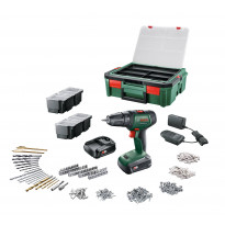 Akkuporakone Bosch UniversalDrill 18V, 2x1.5Ah akuilla, 241 tarviketta + SystemBox