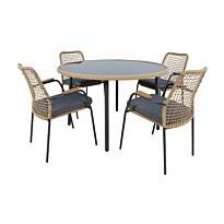Ruokailuryhmä Home4You Prussia ø120cm + 4 tuolia, rottinki, harmaa/beige